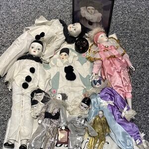 Lot Of 7 Vintage Clown Harlequin Jester Mardi Gras Dolls Porcelain Collectible